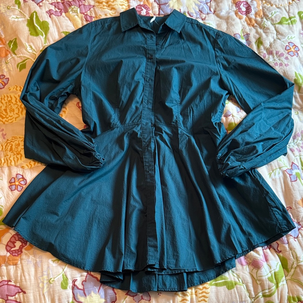 Free People Long-Sleeve Emerald Green Button-Down Shirt Style Mini Dress.